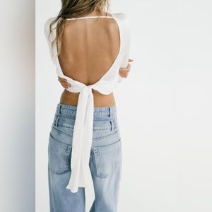 Zara Women’s White Open Back Satin Effect Long Sleeve Top NWOT